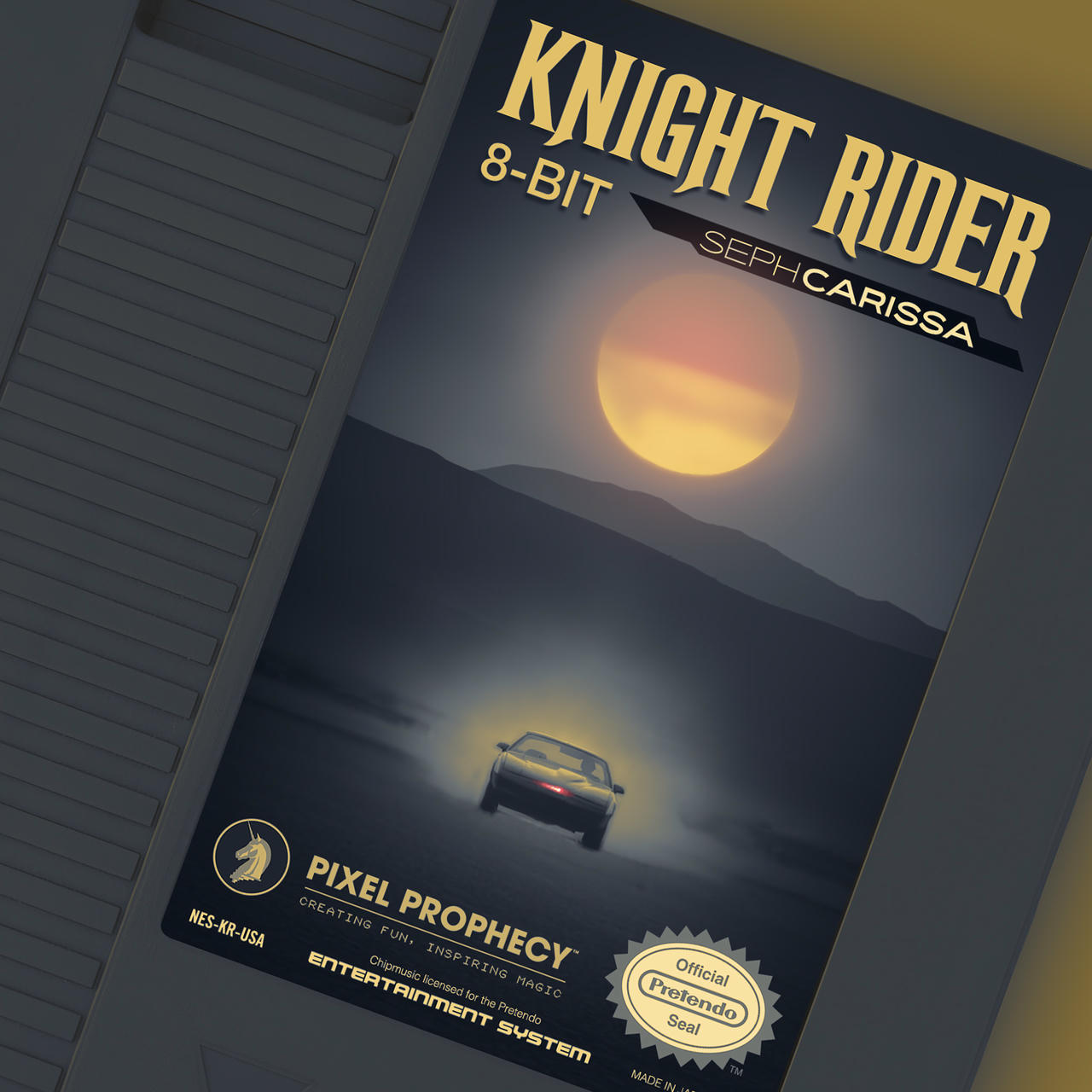 The cover image depicting a NES cartridge with a cover of a fictitious game called Knight Rider 8-Bit by Seph Carissa.