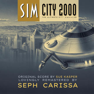 [LLM generated] This album cover for the Sim City 2000 Remastered Soundtrack features a stylized, somewhat retro-futuristic illustration. In the foreground, a large, metallic, multi-legged flying saucer hovers, appearing to overlook a sprawling metropolis in the background. The cityscape is rendered in a monochromatic, steel blue and sepia-toned palette, depicting numerous skyscrapers and a mountainous landscape under a vast sky. Below the main image, text indicates "Original Score by Sue Kasper" and "Lovingly Remastered by Seph Carissa," all set against a muted, textured background.